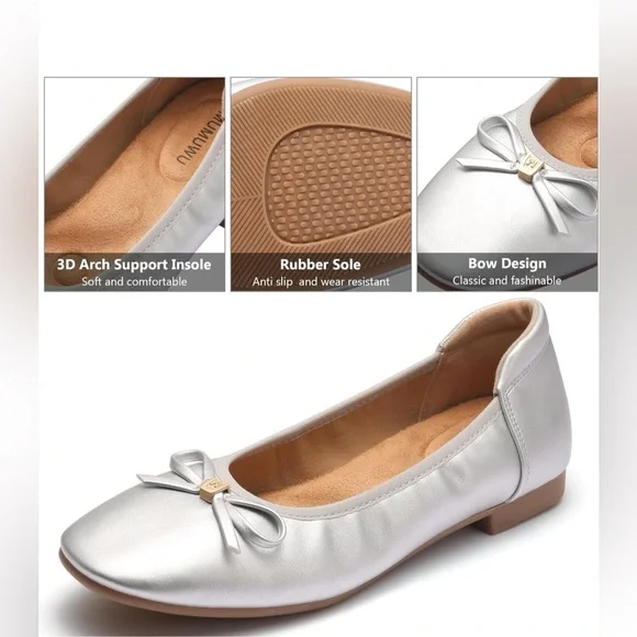 Mumuwu Silver Ballet Flats Womens Size 8.5 Memory Foam Comfort Shoes - Picture 6 of 8